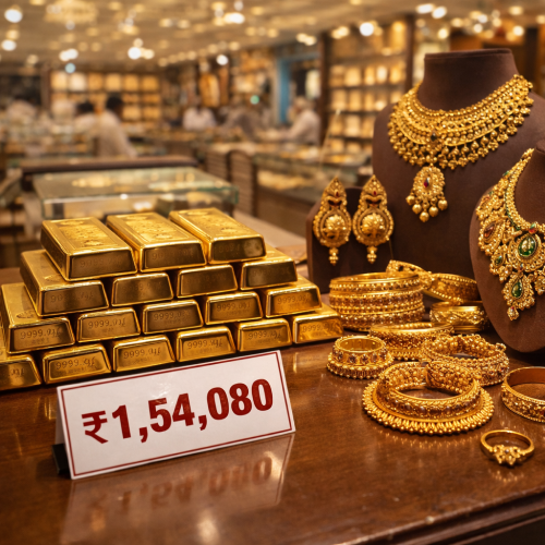 कानपुर के सर्राफा बाजार में रखे सोने के बिस्कुट और ज्वेलरी - आज का भाव ₹1,54,080