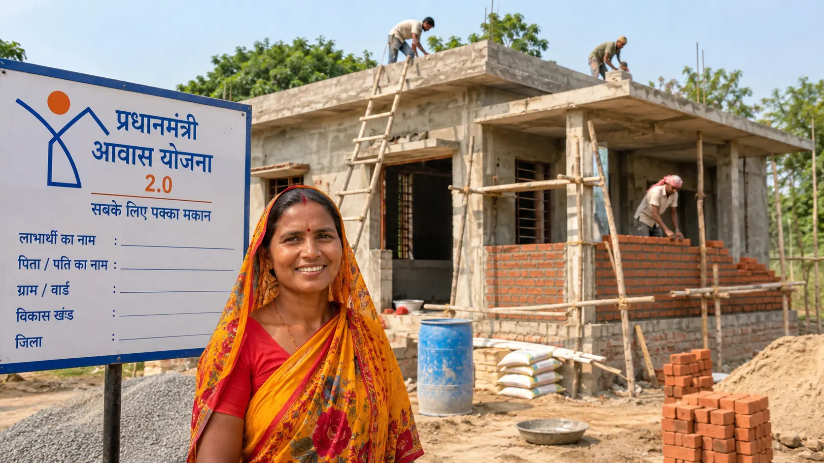 प्रधानमंत्री आवास योजना 2.0 के तहत पक्के मकान का निर्माण कार्य और लाभार्थी महिला।