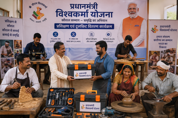 प्रधानमंत्री विश्वकर्मा योजना के तहत प्रशिक्षण प्राप्त करते भारतीय कारीगर और आधुनिक टूलकिट का वितरण