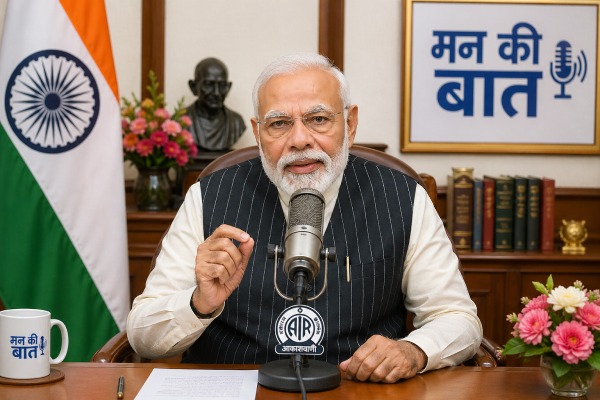 प्रधानमंत्री नरेंद्र मोदी रेडियो कार्यक्रम मन की बात के दौरान माइक्रोफोन के सामने बैठे हुए, पीछे भारतीय ध्वज और कार्यालय का सुसज्जित वातावरण दिखाई दे रहा है।