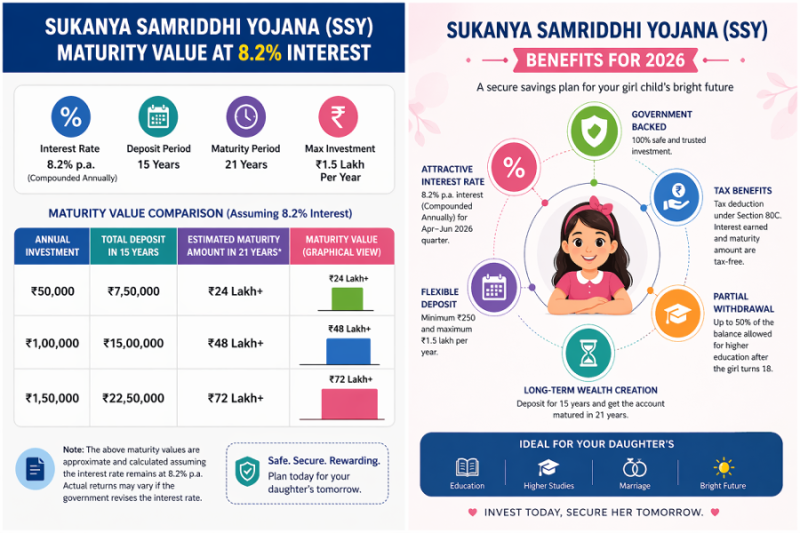 सुकन्या समृद्धि योजना 2026 ब्याज दर और मैच्योरिटी चार्ट की जानकारी दर्शाने वाला ग्राफ़।