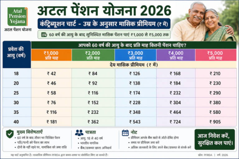 अटल पेंशन योजना 2026 कंट्रीब्यूशन चार्ट - उम्र के अनुसार मासिक प्रीमियम