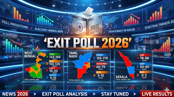 विधानसभा चुनाव 2026 एग्जिट पोल के परिणाम, जिसमें पश्चिम बंगाल, तमिलनाडु और केरल के राजनीतिक रुझान दिखाए गए हैं।