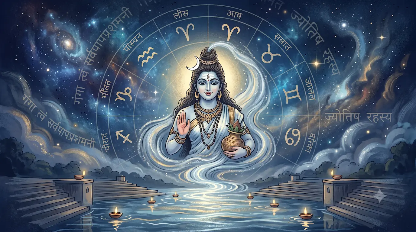 A spiritual and astrological graphic featuring a serene depiction of the Goddess Ganga or the holy river Ganges against a deep blue cosmic background.