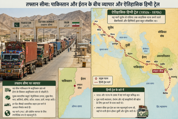तफ्तान सीमा पर पाकिस्तान और ईरान के बीच व्यापारिक वाहनों की कतार और ऐतिहासिक हिप्पी ट्रेल का नक्शा।