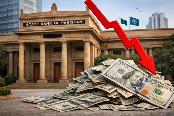 पाकिस्तान के केंद्रीय बैंक (SBP) का मुख्यालय और डॉलर के गिरते भाव।