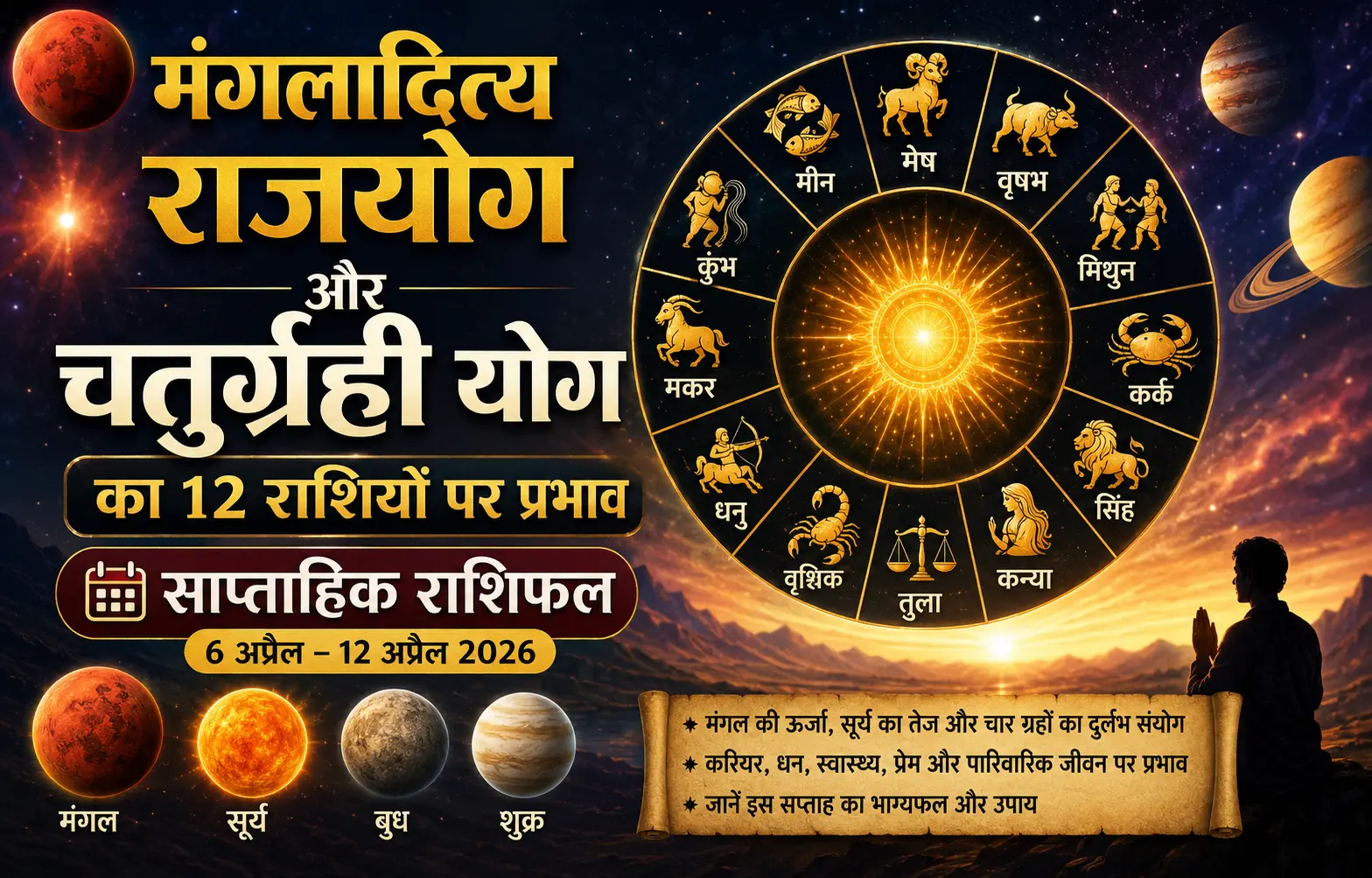 मंगलादित्य राजयोग और चतुर्ग्रही योग का 12 राशियों पर प्रभाव - साप्ताहिक राशिफल अप्रैल 2026।