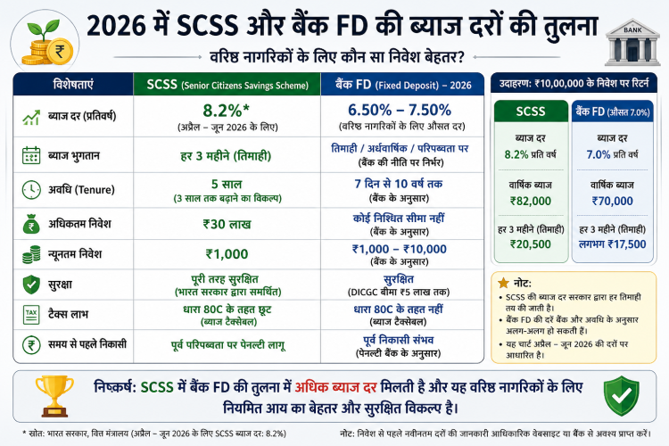 2026 में SCSS और बैंक FD की ब्याज दरों का तुलनात्मक चार्ट