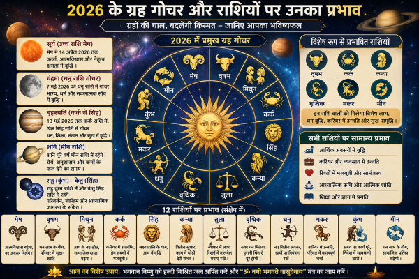 2026 के ग्रह गोचर और राशियों पर उनका प्रभाव दर्शाते ज्योतिषीय चार्ट।