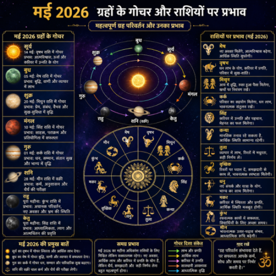 मई 2026 ग्रहों के गोचर का आरेख और राशियों पर प्रभाव दर्शाती छवि।