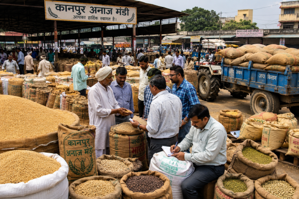 कानपुर अनाज मंडी में रखी अनाज की बोरियां और फसलों का व्यापार करते किसान।