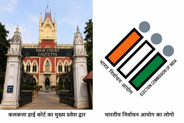 कलकत्ता हाई कोर्ट का मुख्य प्रवेश द्वार और भारतीय निर्वाचन आयोग का लोगो।