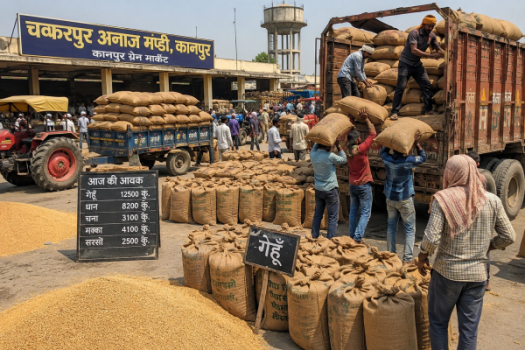 कानपुर की चकरपुर अनाज मंडी में गेहूं की बोरियों की लोडिंग करते मजदूर और फसलों की आवक का दृश्य।