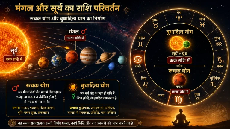 सौरमंडल में मंगल और सूर्य के राशि परिवर्तन को दर्शाता हुआ ज्योतिषीय ग्राफिक्स, रूचक और बुधादित्य योग