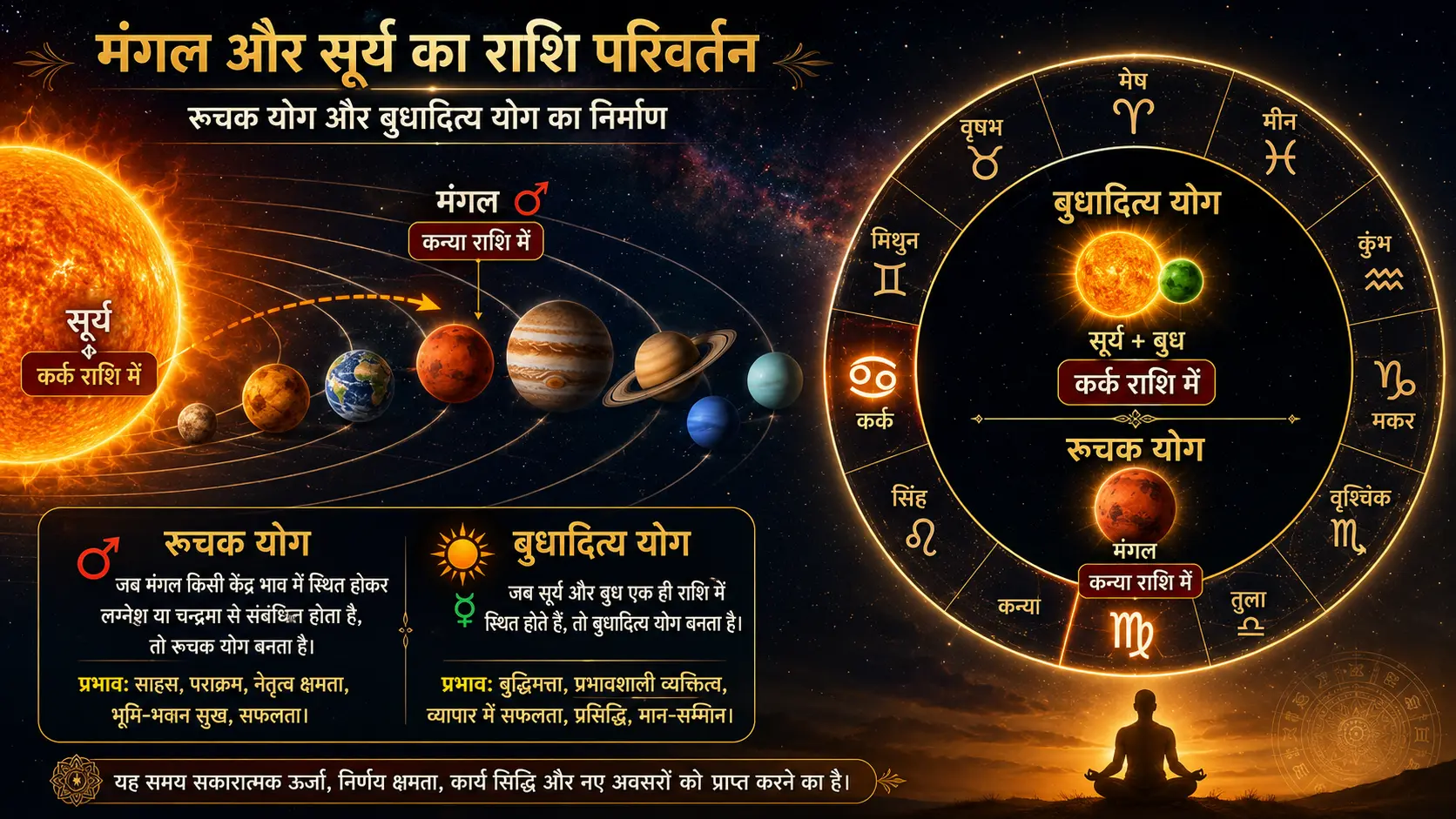 सौरमंडल में मंगल और सूर्य के राशि परिवर्तन को दर्शाता हुआ ज्योतिषीय ग्राफिक्स, रूचक और बुधादित्य योग