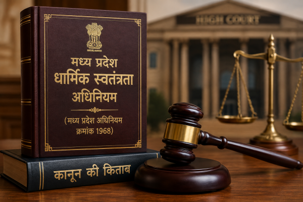 मध्य प्रदेश धार्मिक स्वतंत्रता अधिनियम और कानून की किताब के साथ कोर्ट का हथौड़ा (प्रतीकात्मक चित्र).