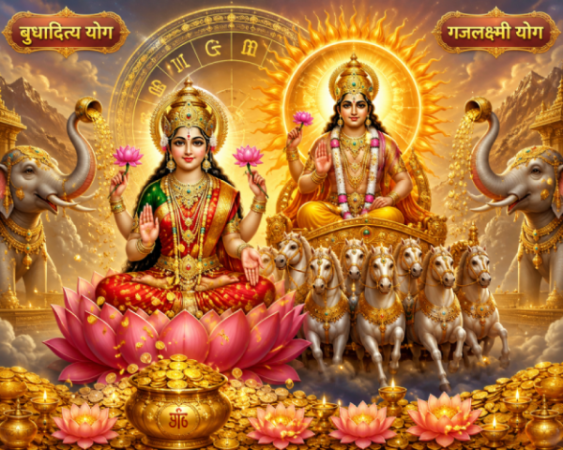 बुधादित्य योग और गजलक्ष्मी योग के महासंयोग को प्रदर्शित करती देवी लक्ष्मी और सूर्य देव की दिव्य प्रतीकात्मक तस्वीर।