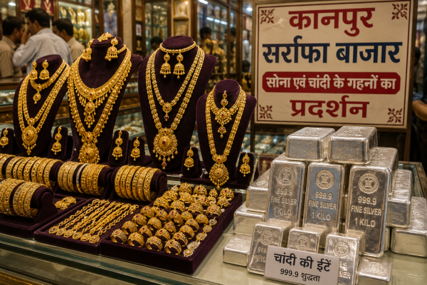 कानपुर के सर्राफा बाजार में सोने के गहने और चांदी की ईंटों का प्रदर्शन।