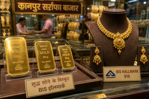 कानपुर सर्राफा बाजार में प्रदर्शित सोने के बिस्कुट और हॉलमार्क ज्वैलरी की फाइल फोटो