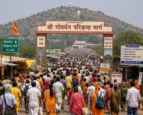 मथुरा गोवर्धन परिक्रमा मार्ग और श्रद्धालुओं की भीड़।