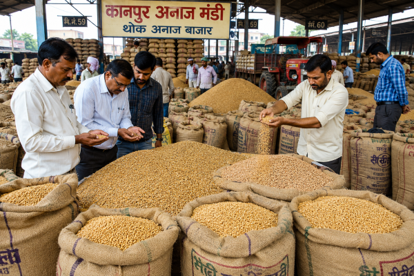कानपुर की थोक अनाज मंडी में जूट की बोरियों में रखा गेहूं और चने का ढेर, जहां व्यापारी फसलों की गुणवत्ता जांच रहे हैं।