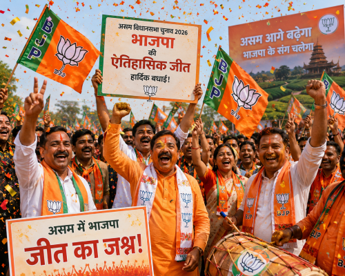 असम विधानसभा चुनाव 2026 के जीत का जश्न मनाते भाजपा कार्यकर्ता।
