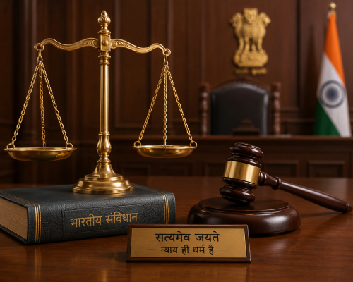 अदालत की मेज पर रखी न्याय की तराजू और हथौड़ी, जो कानूनी फैसलों को दर्शाती है।