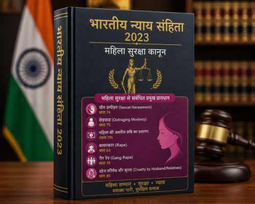 भारतीय न्याय संहिता की प्रति, जो महिला सुरक्षा कानूनों को दर्शाती है।