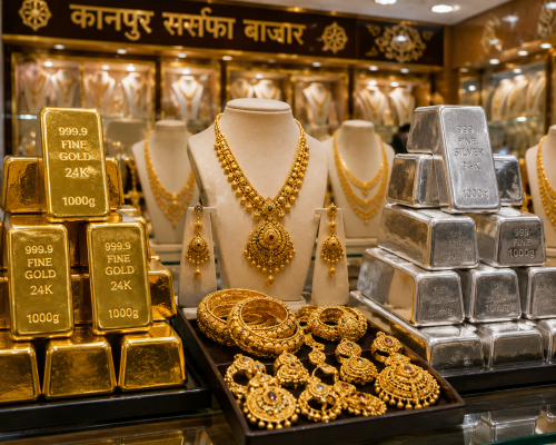 कानपुर के सर्राफा बाजार में प्रदर्शित चमचमाते सोने के बिस्कुट, 24 कैरेट शुद्ध सोने के आभूषण और चांदी की चमकीली ईंटें।