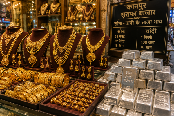 कानपुर सराफा बाजार में प्रदर्शित सोने के आभूषण और चांदी की ईंटें