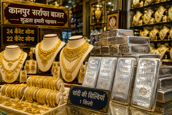 कानपुर सर्राफा बाजार में प्रदर्शित चमकते हुए सोने के आभूषण और चांदी की सिल्लियां (ईंटें)।
