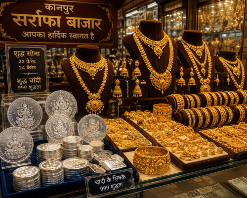 कानपुर सर्राफा बाजार में रखे सोने के आभूषण और चांदी के सिक्के