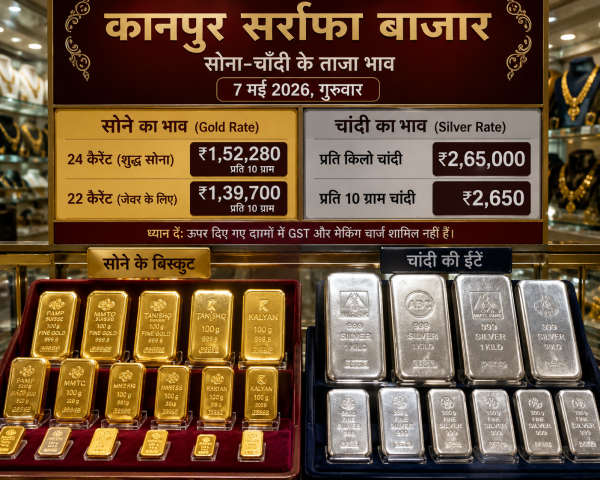 कानपुर सर्राफा बाजार में प्रदर्शित सोने के बिस्कुट और चांदी की ईंटें - 7 मई 2026