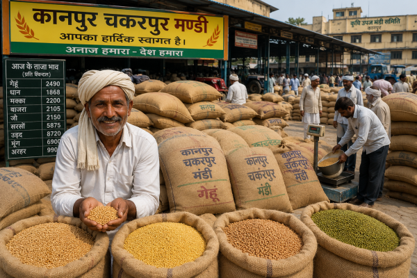 कानपुर चकरपुर मंडी में अनाज की बोरियां और किसान