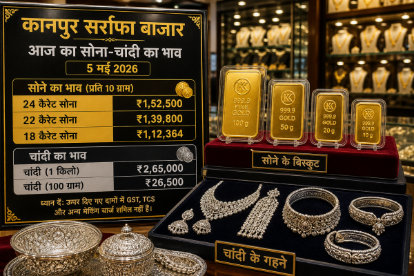 कानपुर के सर्राफा बाजार में रखे सोने के बिस्कुट और चांदी के गहने जो आज के भाव दर्शाते हैं।