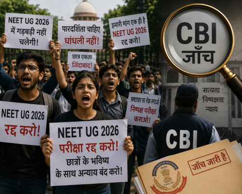 NEET UG 2026 परीक्षा के खिलाफ प्रदर्शन करते छात्र और CBI जाँच का प्रतीकात्मक चित्र।