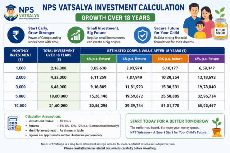NPS Vatsalya investment calculation table showing growth over 18 years