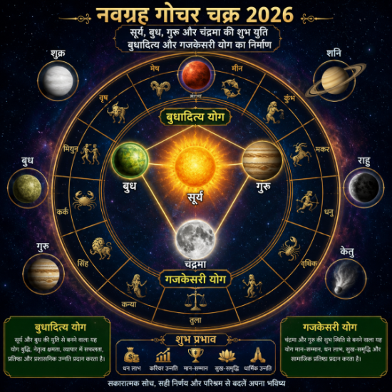नवग्रह गोचर चक्र 2026 जिसमें सूर्य, बुध, गुरु और चंद्रमा की शुभ युति और बुधादित्य व गजकेसरी योग का निर्माण दर्शाया गया है।