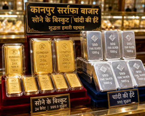 कानपुर सर्राफा बाजार में प्रदर्शित सोने के बिस्कुट और चांदी की ईंटें।
