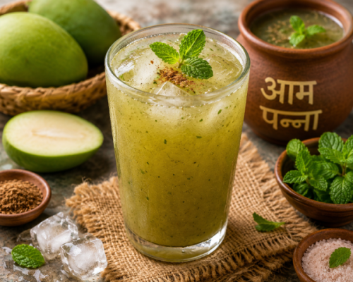 कच्चे आम से बना हुआ ठंडी बर्फ वाला पारंपरिक आम पन्ना शरबत