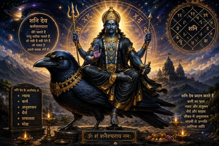 एक विस्तृत और कलात्मक ज्योतिषीय चित्रण, जिसमें भगवान शनि देव को उनके वाहन कौए पर विराजमान दिखाया गया है, जो शांत लेकिन शक्तिशाली मुद्रा में हैं।