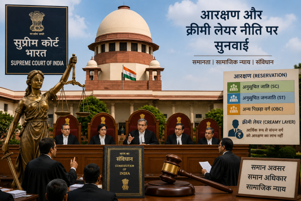 सुप्रीम कोर्ट की इमारत और न्याय का प्रतीक, भारत में आरक्षण और क्रीमी लेयर नीति पर सुनवाई को दर्शाता हुआ।