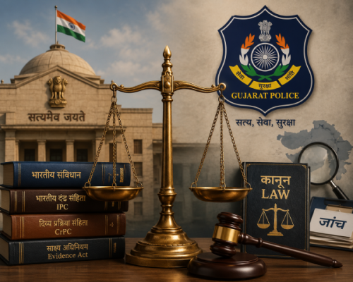 कानूनी न्याय और गुजरात पुलिस जांच के प्रतीक के रूप में न्याय का तराजू और कानून की किताबें