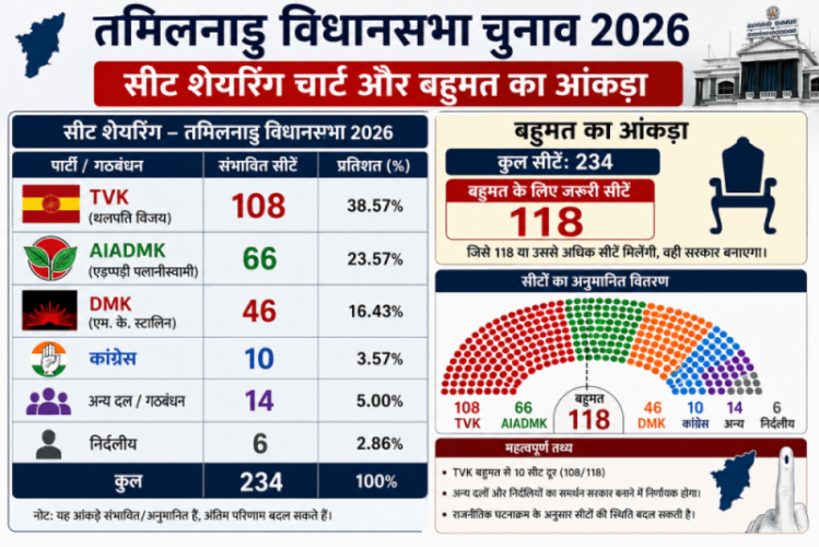 तमिलनाडु विधानसभा चुनाव 2026 सीट शेयरिंग चार्ट और बहुमत का आंकड़ा।