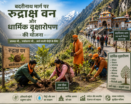 बदरीनाथ मार्ग पर रुद्राक्ष वन और धार्मिक वृक्षारोपण की योजना का दृश्य।