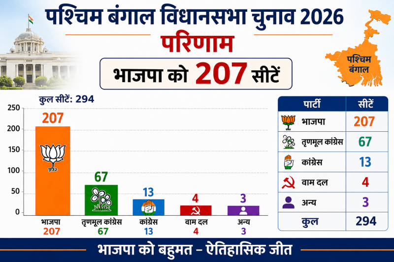 पश्चिम बंगाल विधानसभा चुनाव 2026 के परिणाम का ग्राफ जिसमें भाजपा को 207 सीटें मिली हैं।