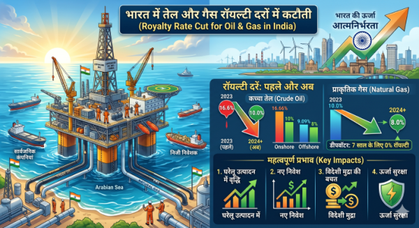भारत में कच्चे तेल और प्राकृतिक गैस के उत्पादन पर रॉयल्टी दरों में कटौती का ग्राफिकल विवरण और तेल रिग की तस्वीर।
