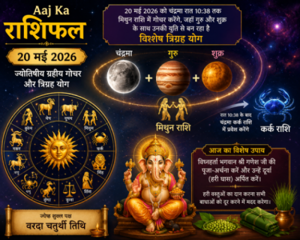 Aaj Ka Rashifal 20 May 2026 ज्योतिषीय ग्रहीय गोचर और त्रिग्रह योग का प्रतीक चित्र