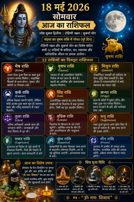 18 मई 2026 सोमवार का राशिफल, रोहिणी नक्षत्र और सुकर्मा योग का चंद्रमा पर प्रभाव और शिव पूजा विधि का प्रतीकात्मक चित्र
