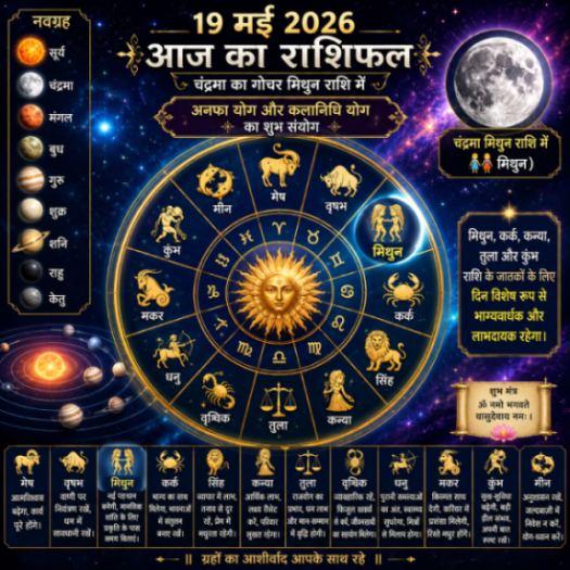 19 मई 2026 के राशिफल को दर्शाती नवग्रह और राशि चक्र की एक उज्ज्वल ज्योतिषीय छवि, जिसमें चंद्रमा मिथुन राशि में चमक रहा है।